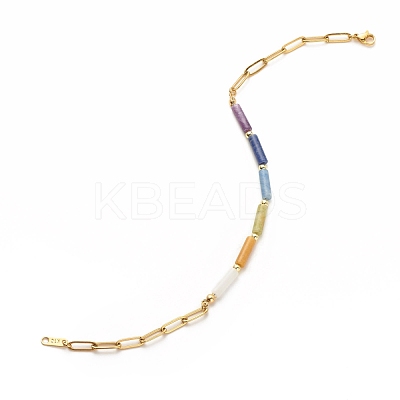 Natural Mixed Gemstone Column Beaded Anklet with Brass Paperclip Chains for Women AJEW-AN00494-1