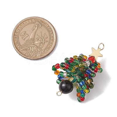 Natural Tiger Eye & Glass Seed Beaded Connector Charms PALLOY-MZ00225-1