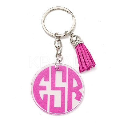 Acrylic Flat Round with Suede Tassel Pendant Keychain KEYC-G060-01A-1