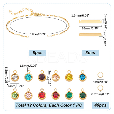 304 Stainless Steel Blank Rectangle Link Bracelet with Birth Stone Charms DIY Making Kit DIY-UN0056-20-1