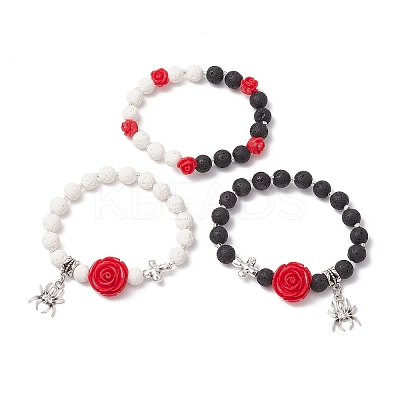 3Pcs Halloween Theme Natural & Synthetic Lava Rock Round Beads Stretch Bracelets BJEW-MZ00185-1