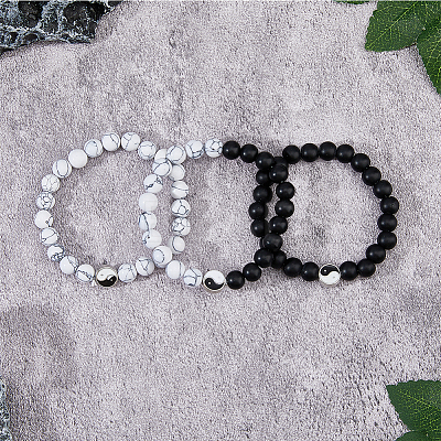 3Pcs 3 Styles Natural Howlite & Frosted Black Stone Beaded Stretch Bracelets Set BJEW-FI0001-21-1