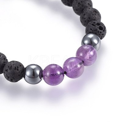 Natural Lava Rock and Non-Magnetic Synthetic Hematite Beads Braided Bead Bracelets BJEW-JB03975-01-1