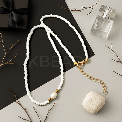2Pcs 2 Color Rice Natural Pearl & Glass Seed Beaded Necklaces for Women NJEW-GO0001-04B-1