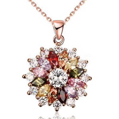 Real Rose Gold Plated Brass Cubic Zirconia Flower Pendant Necklaces NJEW-BB04540-1