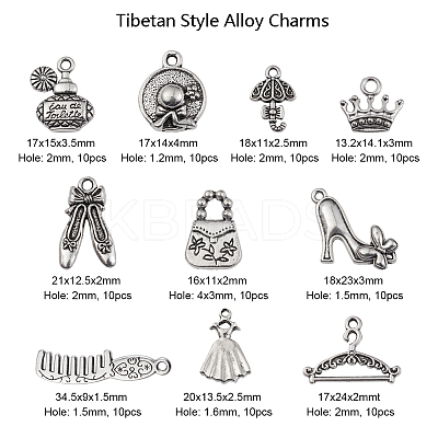 100Pcs 10 Style Tibetan Style Alloy Pendants TIBEP-CJ0001-75-1