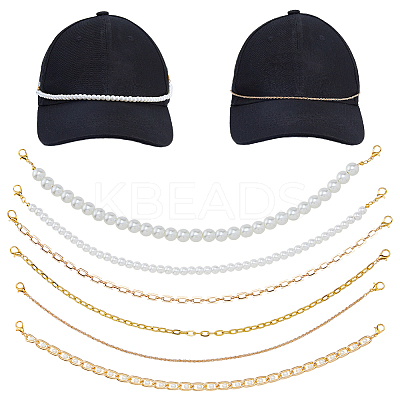 8Pcs Iron & 304 Stainless Steel & Glass Pearl Bead & Brass Chain Baseball Cap Chains HJEW-DC00071-1