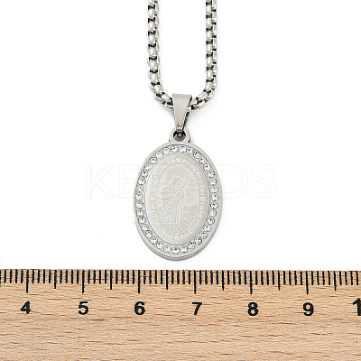 201 Stainless Steel Micro Pave Clear Cubic Zirconia Oval Pendant Box Chain Necklaces for Men NJEW-S387-02P-1