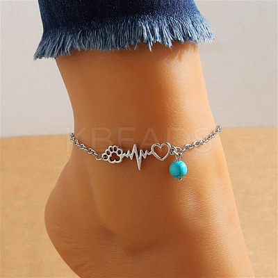 Heartbeat Paw Print Alloy & Synthetic Turquoise Link Anklets for Women WGE7D9E-01-1