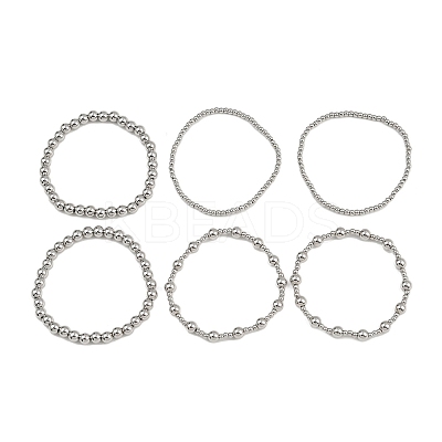 6Pcs 6 Styles Brass Round Beads Stretch Bracelets for Women BJEW-D357-04G-1