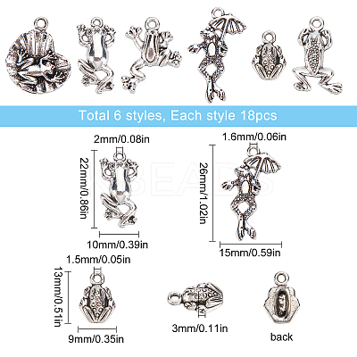 108Pcs 6 Style Tibetan Style Alloy Frog Charms TIBEP-SC0001-90-1