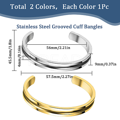2Pcs 2 Colors 304 Stainless Steel Grooved Open Cuff Bangles Set for Women BJEW-SC0001-17-1