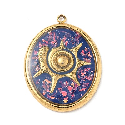 304 Stainless Steel Epoxy Resin with Natural Shell and Sequins Inside Pendants STAS-L026-17G-B04-1