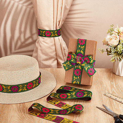 Ethnic Style Floral Pattern Embroidery Polyester Ribbons OCOR-WH0104-04B-1