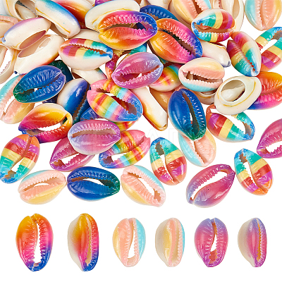 60Pcs 6 Colors Printed Natural Cowrie Shell Beads SSHEL-NB0001-42-1