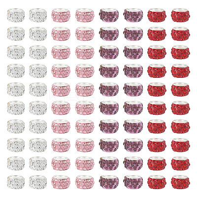 100Pcs 4 Colors Polymer Clay Rhinestone European Large Hole Beads with Silver Color Plated Brass Cores FPDL-TA0001-02-1
