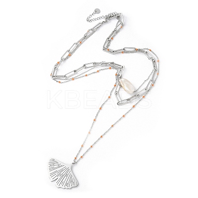 304 Stainless Steel & Natural Pearl & Enamel Beads Leaf Pendant 3 Layer Necklaces for Women NJEW-A045-18P-1