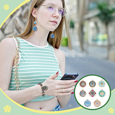 48Pcs 8 Colors Alloy Printed Pendants FIND-PH0021-12-1