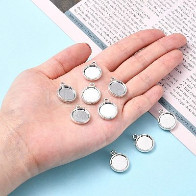 Tibetan Style Antique Silver Alloy Flat Round Pendant Cabochon Settings X-TIBEP-M022-32AS-1