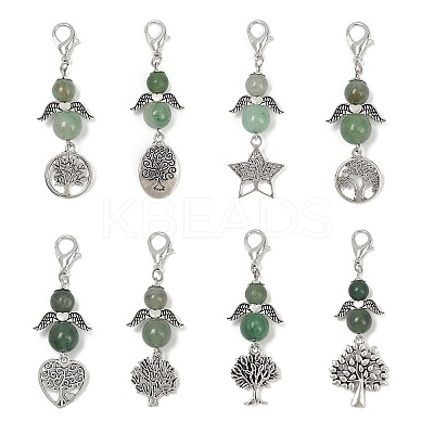 Angel Natural Green Aventurine Beads & Alloy Tree Pendant Decorations HJEW-JM03075-1
