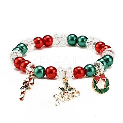 Acrylic Pearl Beaded Stretch Bracelet with Alloy Enamel Charms BJEW-JB08292-1