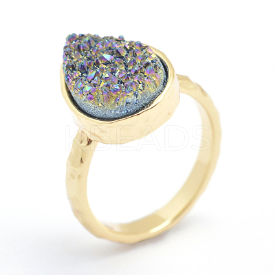 Electroplate Natural Druzy Quartz Crystal Finger Rings RJEW-I055-07G-RS-1