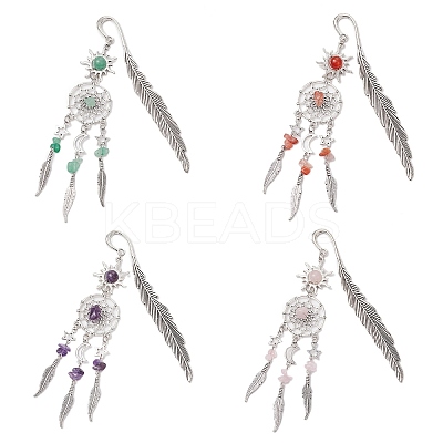 Alloy Sun & Woven Net/Web with Feather Charms Bookmarks AJEW-JK00368-1