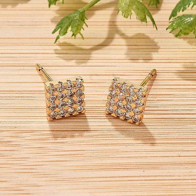 Square Brass Micro Pave Clear Cubic Zirconia Stud Earrings for Women EJEW-G428-12G-01-1