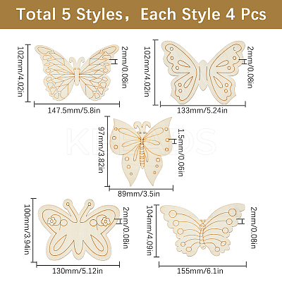 20Pcs 5 Styles Unfinished Wood Cutout AJEW-SC0003-41-1