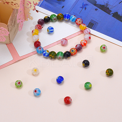 Millefiori Glass Round-Single Flower Bead Strands LAMP-CJ0001-15-1