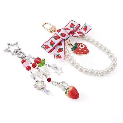 2Pc Strawberry Imitation Pearl and Acrylic Pendant Decorations HJEW-TA0001-38-1