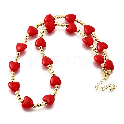 Brass & ABS Imitation Pearl Heart and Round Beaded Necklaces for Women NJEW-D314-11A-G-1