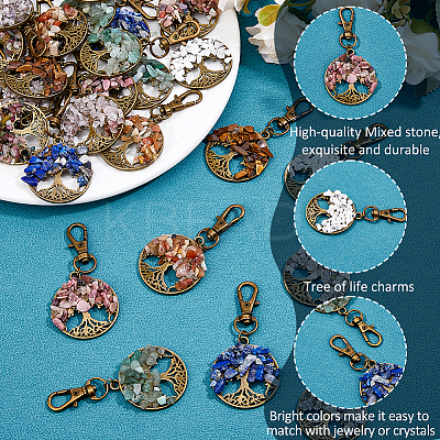 36Pcs 9 Styles Flat Round with Tree of Life Natural Gemstone Chips Pendant Decorations HJEW-FH00052-1