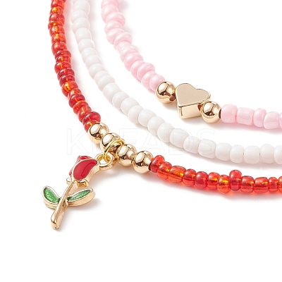 3Pcs 3 Style Glass Seed & Brass Heart Beaded Necklaces Set NJEW-JN03965-1