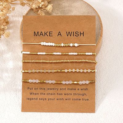 5Pcs Glass & Metal Gold & White Beaded Bracelet Sets AB9103-3-1