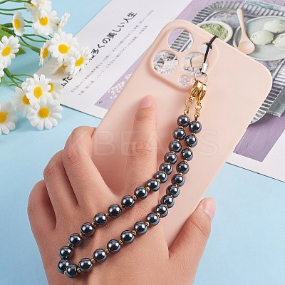 Non-Magnetic Synthetic Hematite & 304 Stainless Steel Round Beaded Mobile Straps HJEW-SW00043-01-1