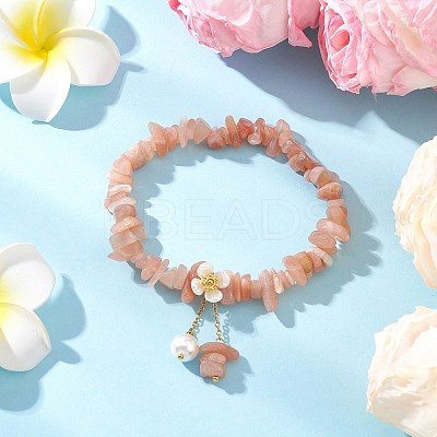 Natural Sunstone Chip Beaded Charm Bracelets BJEW-JB12312-01-1