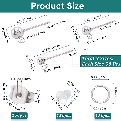 150Pcs 3 Size 202 Stainless Steel Ball Stud Earring Findings STAS-SP0001-53-1
