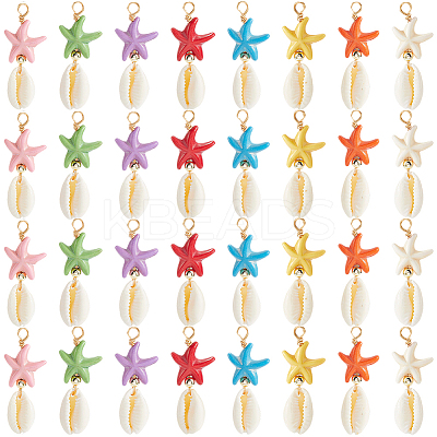 40Pcs Starfish Dyed Synthetic Turquoise & Natural Cowrie Shell Pendants PALLOY-SC0004-41-1