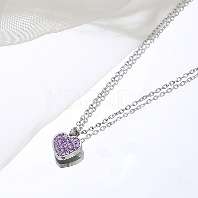 304 Stainless Steel Heart Pendant Necklaces with Amethyst Rhinestone for Women GE0081-2-1