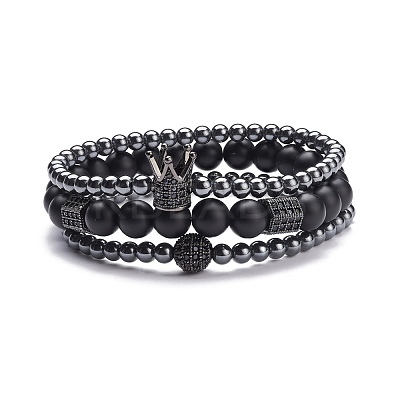 3Pcs 3 Style Round Synthetic Black Stone & Hematite Beaded Stretch Bracelets Set BJEW-JB07688-02-1