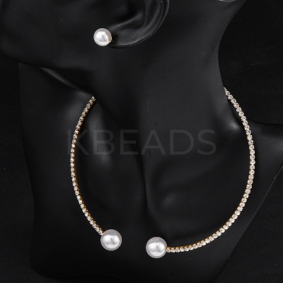 Round Plastic Imitation Pearl Stud Earrings & Rhinestone Cuff Choker Necklaces Sets SJEW-U003-04G-1
