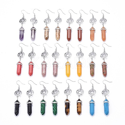 Pointed Bullet Natural & Synthetic Mixed Gemstone Dangle Earrings EJEW-K084-E-1