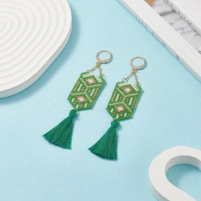 Glass Seed Hexagon with Cotton Tassel Dangle Leverback Earrings EJEW-MZ00045-1