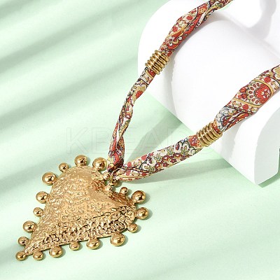 304 Stainless Steel Heart Pendant Printed Silk Ribbon Necklaces for Women NJEW-A063-11G-1