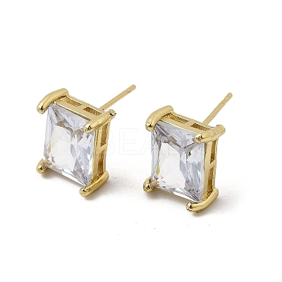 Brass Clear Cubic Zirconia Rectangle Stud Earrings EJEW-L261-025G-1