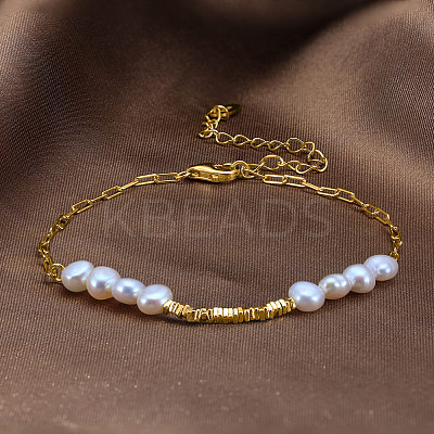 Natural Pearl Beaded Bracelet with 925 Sterling Silver Paperclip Chains BJEW-Z025-06G-1