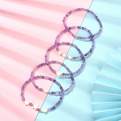 5Pcs 5 Style Natural Amethyst & Pearl & Shell Star Beaded Stretch Bracelets Set BJEW-JB09495-04-1