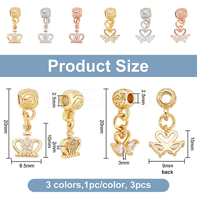 6Pcs 6 Style Rack Plating Brass Micro Pave Clear Cubic Zirconia Pendants ZIRC-OC0001-04-1