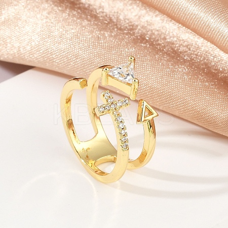 Cross & Triangle Brass Micro Pave Clear Cubic Zirconia Open Cuff Rings for Women RJEW-G343-22G-1